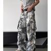 White gray camouflage washed old big pocket jeans men's trendy street versatile loose wide-leg scimitar trousers