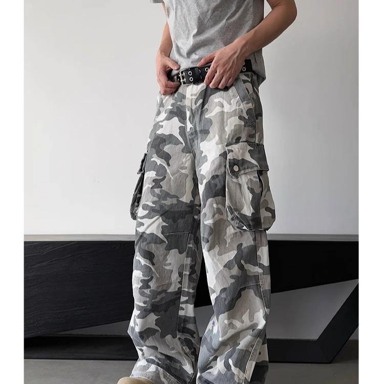 White gray camouflage washed old big pocket jeans men's trendy street versatile loose wide-leg scimitar trousers