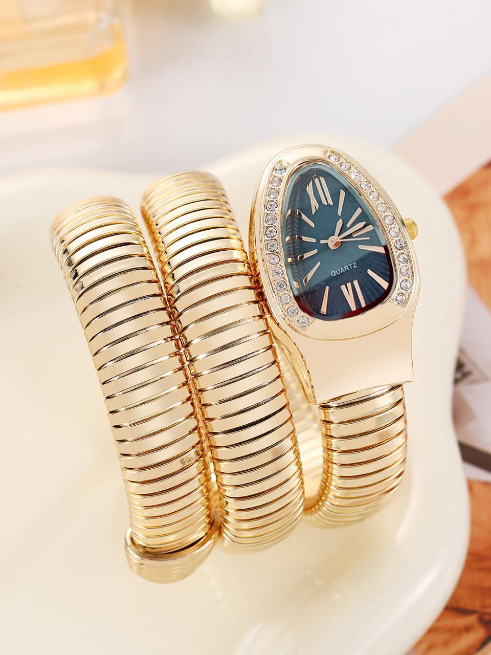 Schlangenförmige Strass Damen Quarz Wickelarmbanduhr beige