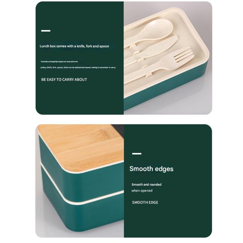Mikrowellengeeigneter japanischer Lebensmittelbehälter, geräumige doppelstöckige Kunststoff-Bento-Lunchbox mit Besteck und Bambusdeckel