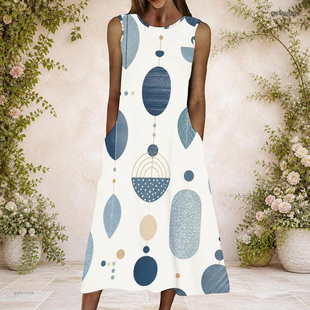 Women Plus Size Round Neck Sleeveless Geometric Printed A Line Long Dress With Side Pockets