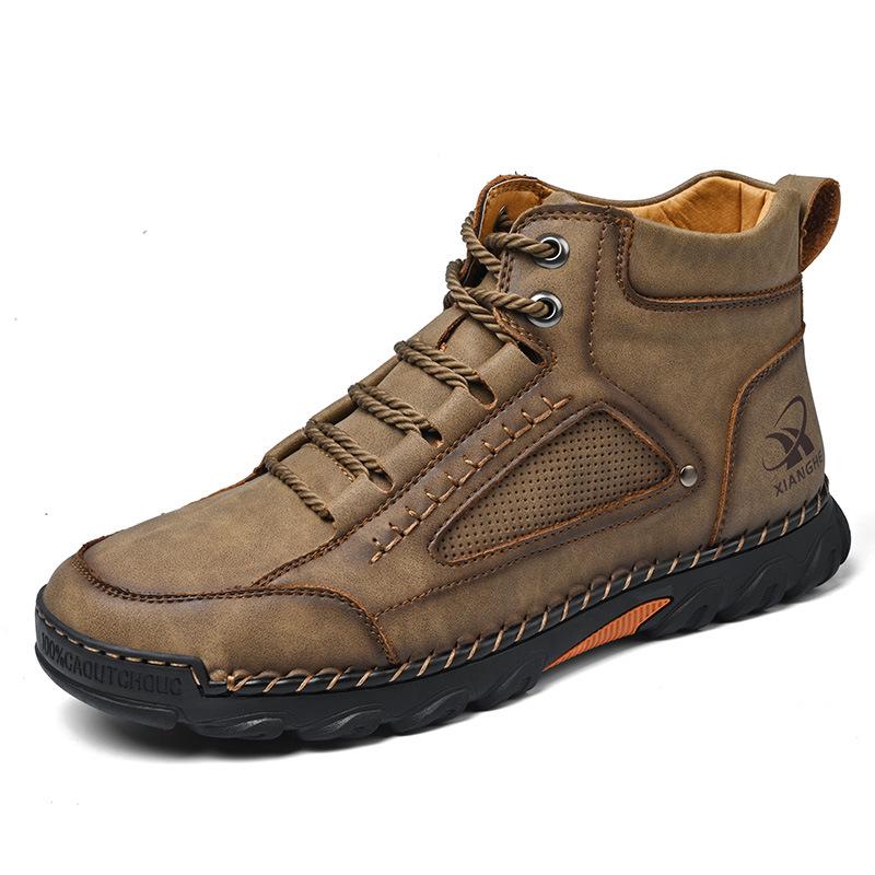 Men s Large PU Leather Lace-Up Ankle Boots – Fashionable and Hand-Stitched Casual Shoes 45 хаки
