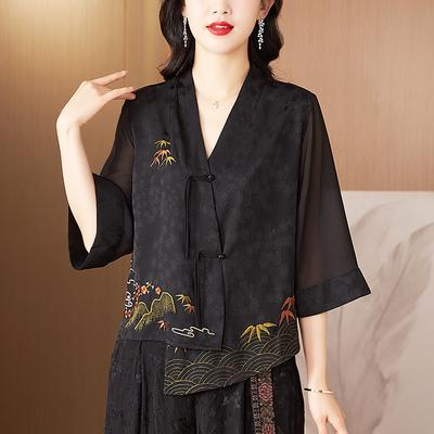 Button Seven-quarter Sleeve Shirt Women's Spring New Mother Irregular Short Embroidered Top