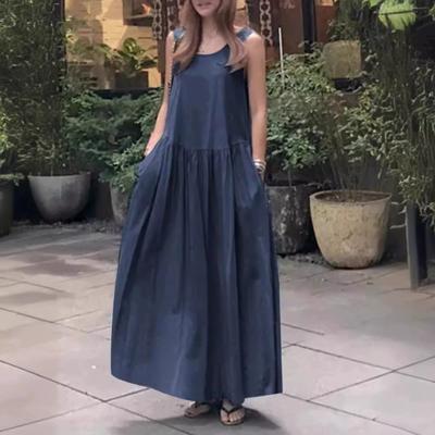 Summer Casual Round Neck Sleeveless Large Size Loose Solid Color Vest Long Swing Dress