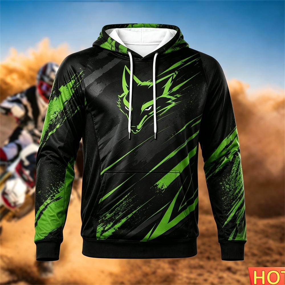 Autumn/Winter Men's Racing Hoodie Outdoor Cycling Hooded Pullover Fox Pattern Pocket Hoodie Sports Motorcycle Hooded SweatshirtsUnisex Woman's