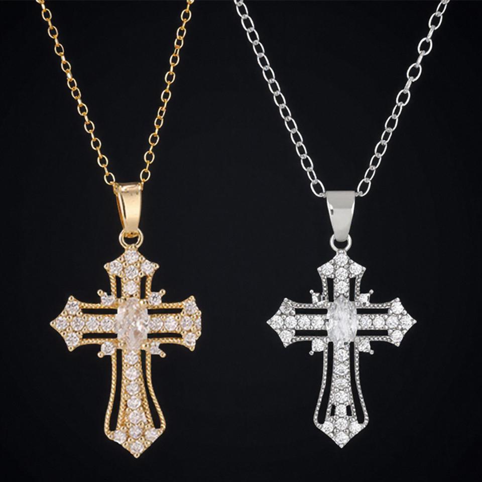 ZAKOL Retro Punk Shiny Zircon Cross Pendant Necklace for Women Men Personalized Fashion Clavicle Chain Couple Neck Zircon