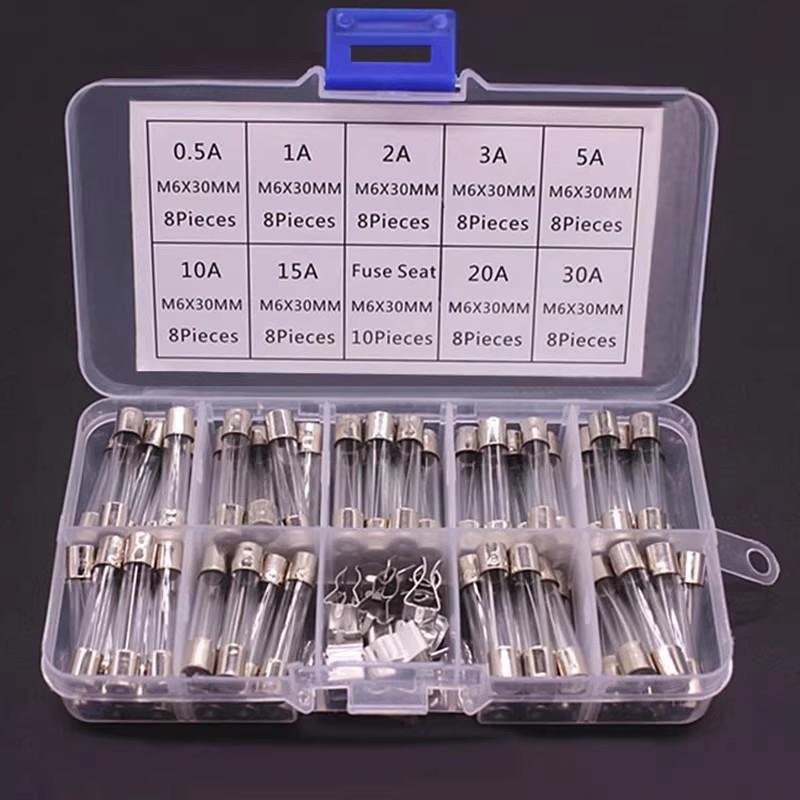 72PCS 6x30mm Glass Fuse Assorted 0.5A-30A 6*30mm Fuse Tubes with Bracket Sample Box for Electrical Safety And Protection Fuses4