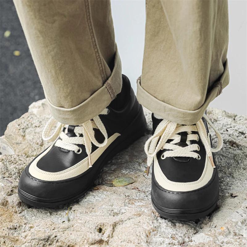 Fashion Men's Casual Sneakers Versatile Color Matching Low-cut Thick-soled Outdoor Casual Shoe Leather Breathable Skateboard Sport Shoes