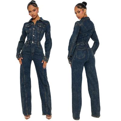 6039 Tie-Dye Washed Long Sleeve Patchwork Denim Jumpsuit Romper