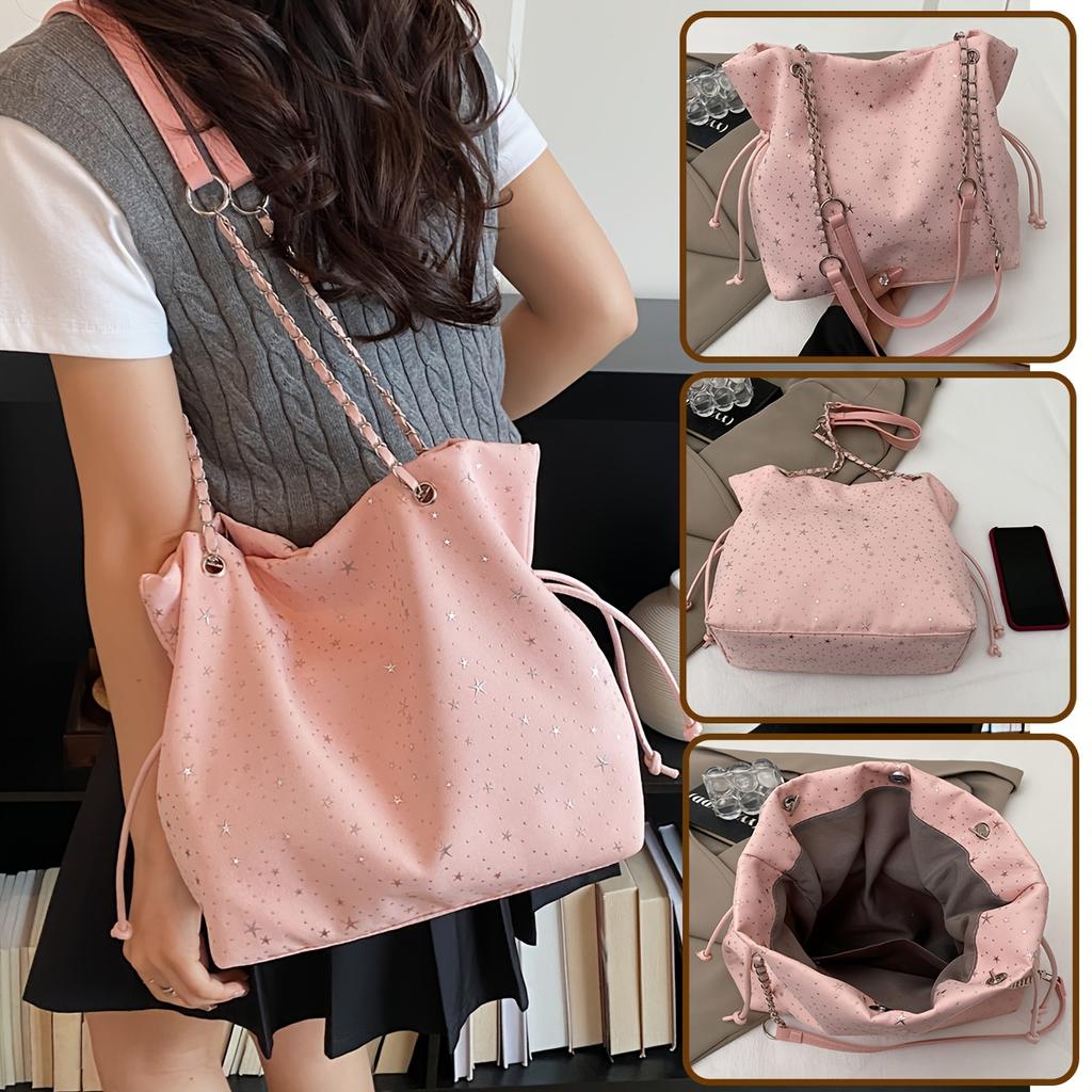 Women's Star-patterned Casual Trendy Sweet Tote Bag, Versatile Solid Color Stylish Handbag, Suitable for Daily Commuting, Work, Travel and Shopping.