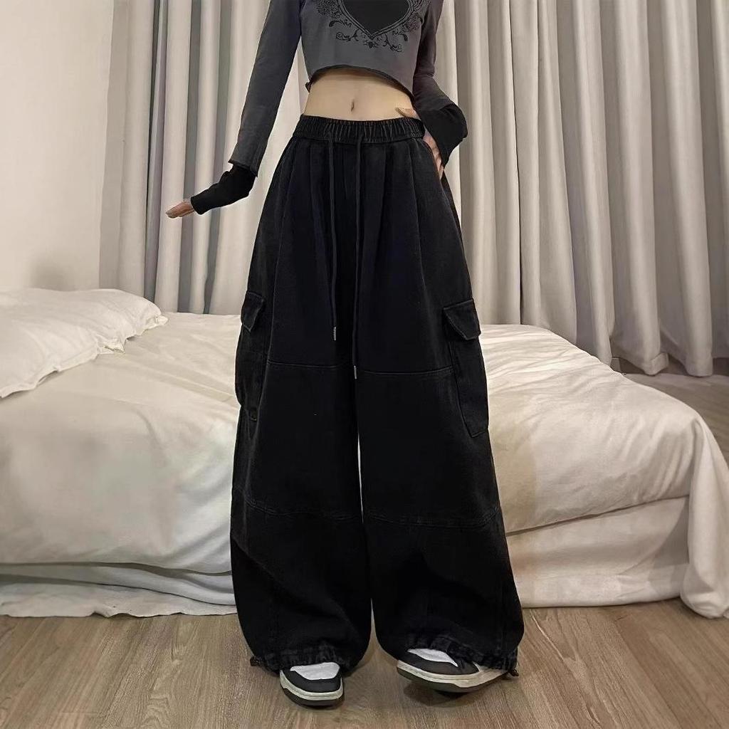 Pantaloni Cargo de Bumbac Negru pentru Femei Plus Size - Stil Jazz Casual American Nou, Croială Largă, Picior Larg, Pantaloni Lungi Sportivi