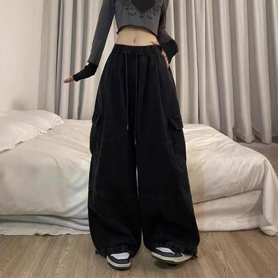 Women's Plus Size Black Cotton Cargo Pants - New American Casual Jazz Style, Loose Fit, Wide Leg, Sporty Long Trousers