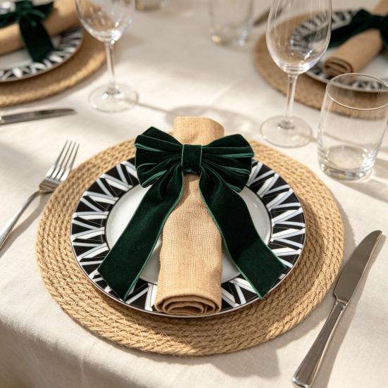 Festive Dining Table Accessories 6Pcs Velvet Bow Napkin Rings, Christmas Fabric Holders, Red Holiday Home Accents Green Rings for Dinner