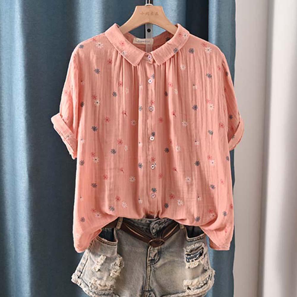 Niche Literary Temperament Lapel Printed Short-sleeved Shirt Women's Double-layer Cotton Yarn Loose Casual