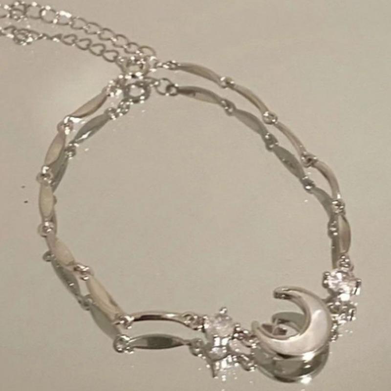 Women's Bracelet with Crescent Stars Inlaid with Zircon Shell Inlaid Moon Silver Jewelry Bangle