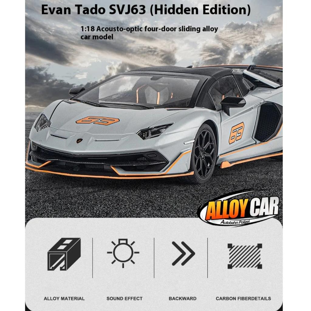 1/18 Scale Lamborghini Aventador SVJ Hidden Edition Supercar Race King Alloy Metal Diecast Model Car Sound & Light Child Toy Kids Gift