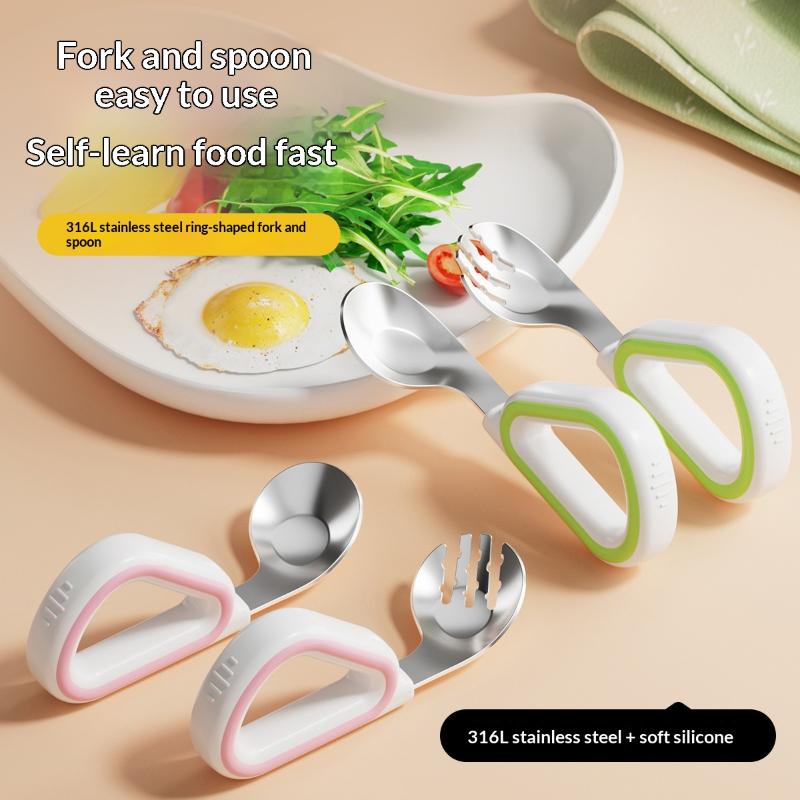 Baby Spoon Fork Set Toddler Self Feeding Training Tableware 316 Stainless Steel Silicone Handle
