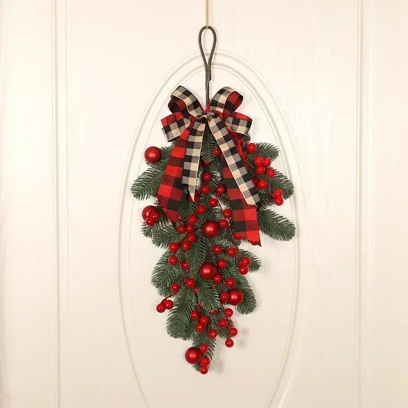 1pc Christmas Plaid Bow and Red Fruit Door Decoration Personalized Creative Home Party Holiday Gift Decoration Supplies Pendants