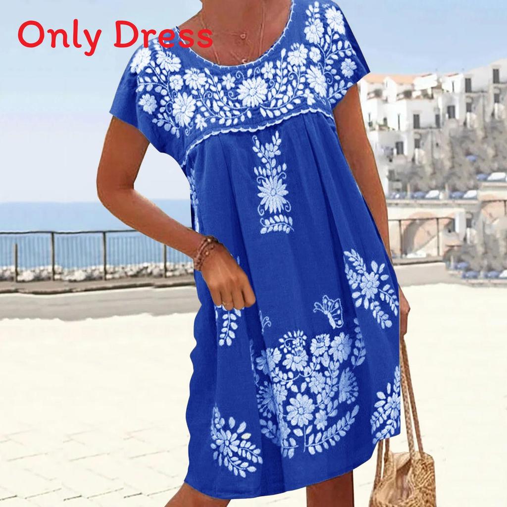 Ethnic Style Short Sleeve Floral Print A Line Dress For Summer Casual Wear