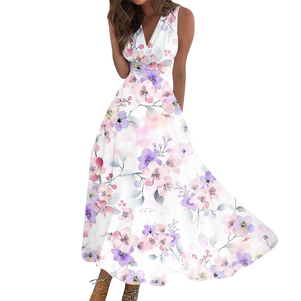 Women's Long Dress Maxi Dress Casual Dress Summer Casual Sleeveless V Neck Boho Waist Retraction Printed Dress