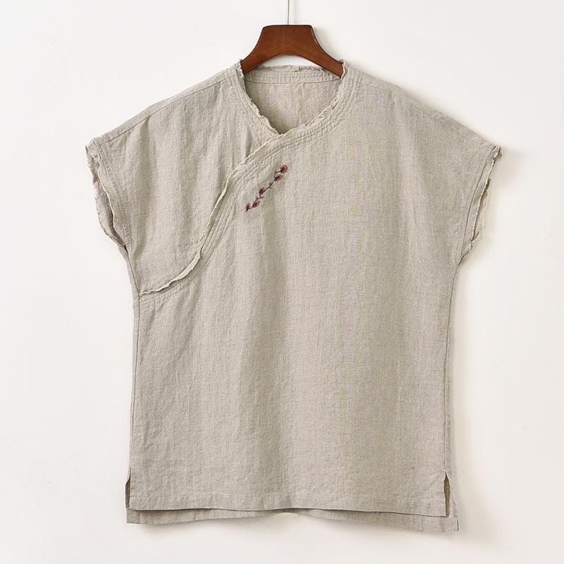 Johnature Women Embroidery Linen T-Shirts Short Sleeve Summer Tees Loose Women Vintage T-Shirts