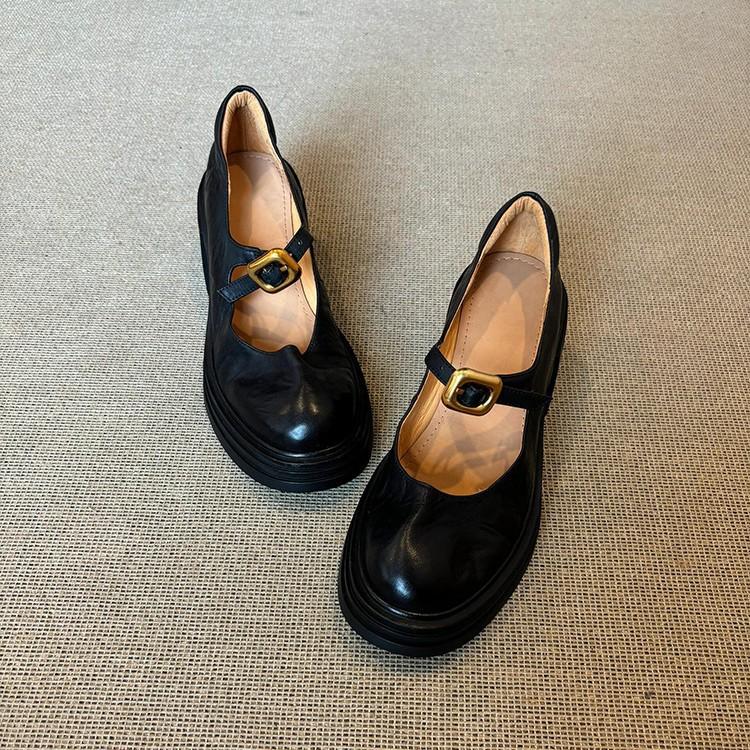 Sheepskin Version~ British Versatile Thick-soled Round-headed Small Leather Shoes for Women's Retro Shallow Mouth One-word Buckle Thick-heeled