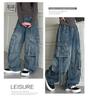 Girls' Retro Wide-Leg Cargo Jeans with Big Pockets - Distressed Loose Fit for Spring & Autumn