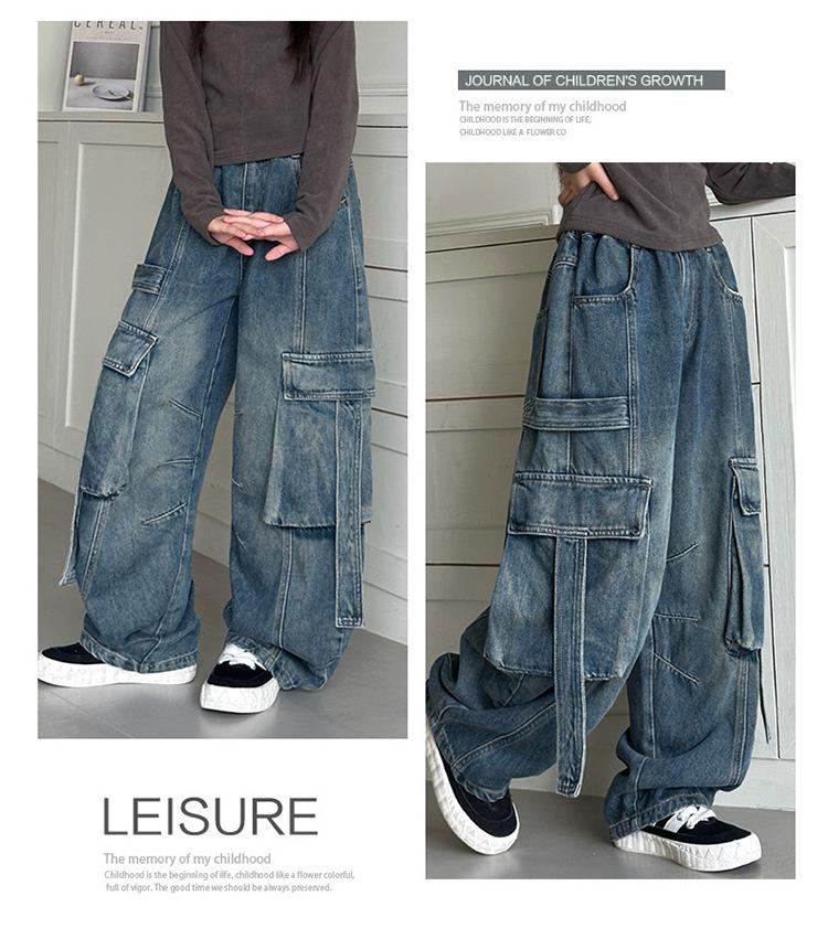 Girls' Retro Wide-Leg Cargo Jeans with Big Pockets - Distressed Loose Fit for Spring & Autumn