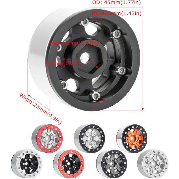 4PCS 1.55 inch Metal Beadlock Wheels Rim Hub RC Aluminum Alloy Wheel Replacement for 1:10 RC Rock Crawler Car for Axial 90069 D90 TF2 Tamiya CC01 MST
