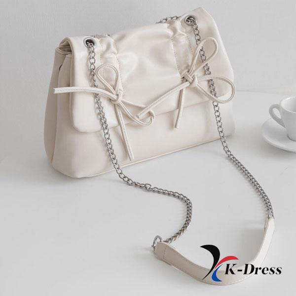 Loving Ribbon Leather Chain Shirring Square Flap Crossbody Shoulder Bag (4 Colors)