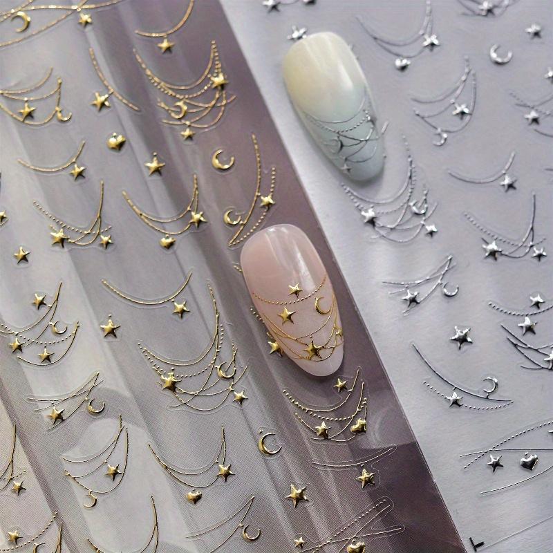 2 Packs Star Moon Love Heart Curved Line Arc Dreamy Necklace Hanging In The Air Starry Night Adhesive Nail Art Stickers Manicure Decals