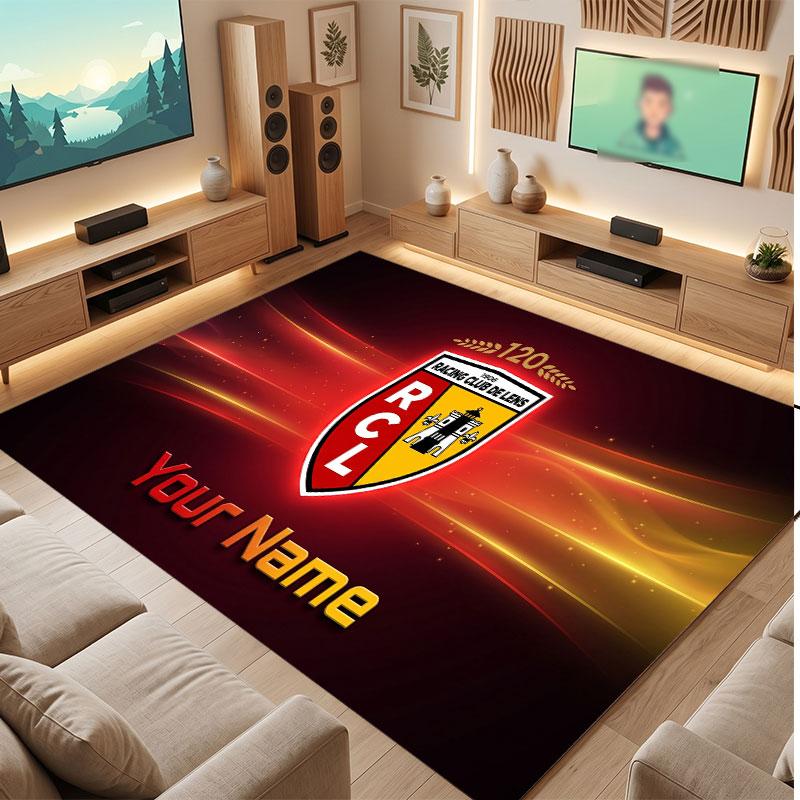 Racing Club de Lens Benutzerdefinierter Kristall-Samtteppich, Personalisierter Namens-Textdruck, Fußball-Logo Weiche Rutschfeste Fußmatte Heimdekoration Geschenk