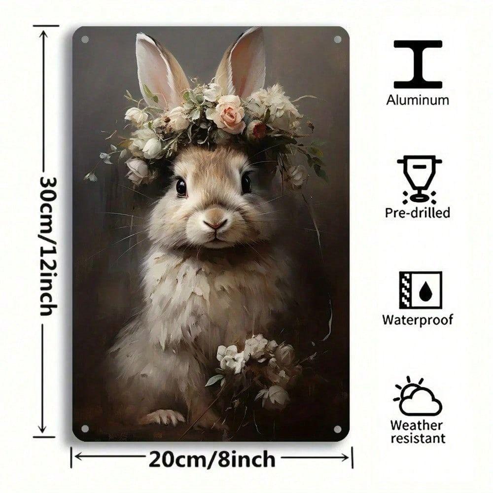Vintage Easter Bunny Metal Wall Sign, Rabbit Flower Poster for Home Bar Decor