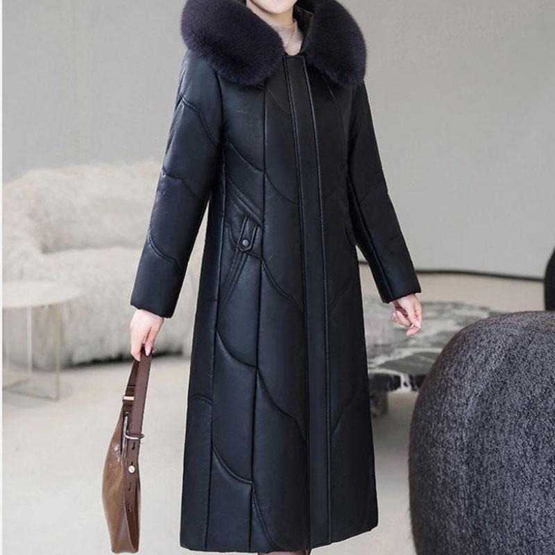 Winter Women's Genuine Leather Jacket Over-the-Knee Long Sheepskin Padded Coat Thickened Windproof Warm Camel Wool Coat