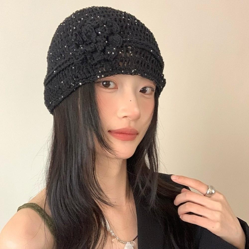 Flower Knitted Caps Hollow Sequin Crochet Hat Y2k Style Beanies Cap