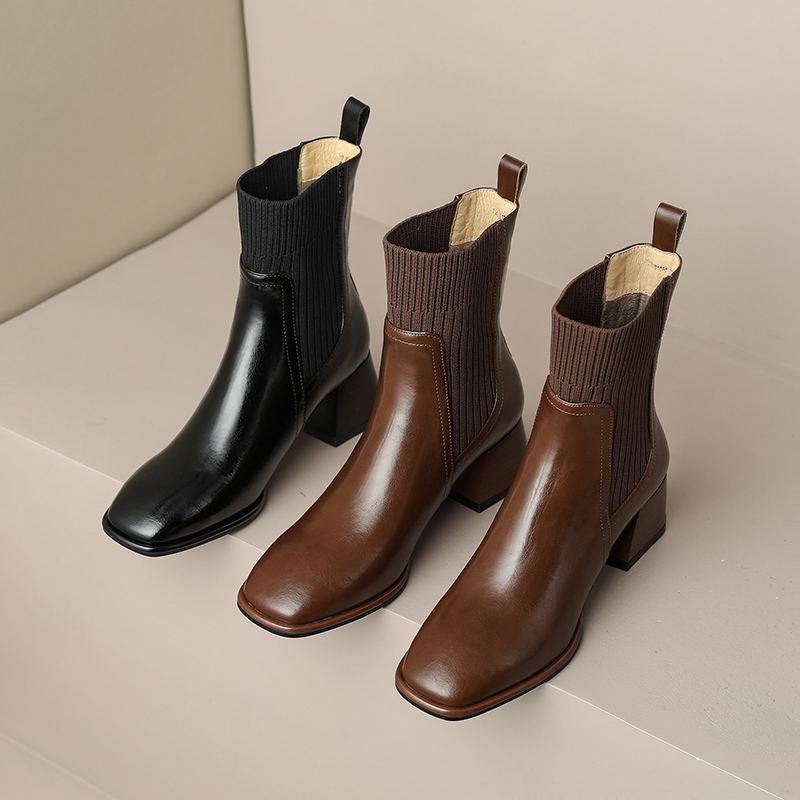 Krazing Pot Cow Skin Autumn Winter Shoes Thick Med Heels Size 43 Western Boots Slip on Stretch Knitwear Ankle Boots