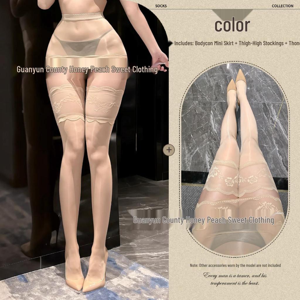 Seductive Sheer Hip-Hugging Miniskirt with Lace Trim and Over-the-Knee Black Stockings