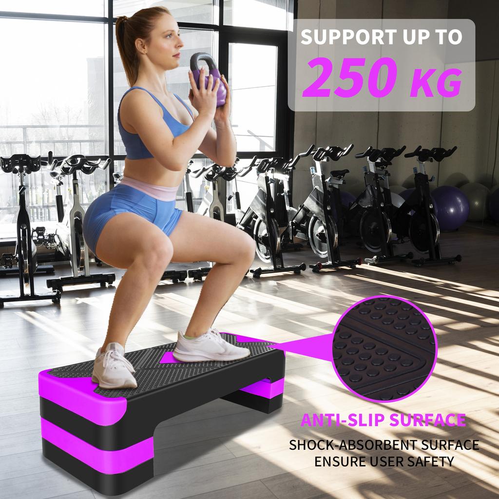 Aerobic Exercise Step Adjustable Stepper Platform for Step Up, 68.5cm/27" Step Deck with 10cm/4",15cm/6",20cm/8" Adjustable Height Risers (Purple)