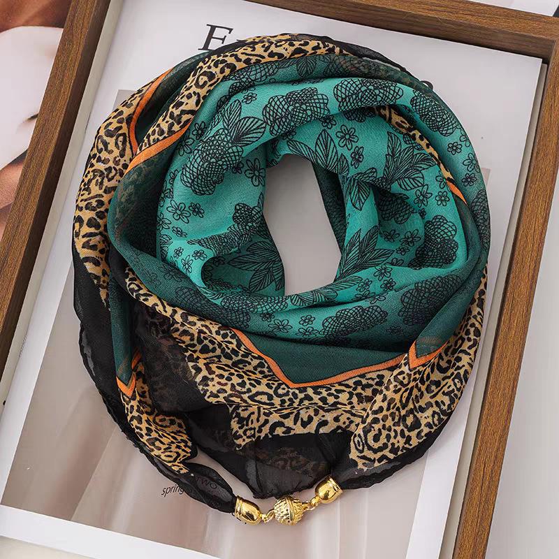 Luxe Magnetische Gesp Chiffon Zijde Sjaal Dames Print Nekbeschermer Vierkante Sjaal Voor Zomer Zonbescherming Modieuze Sjaals One Size