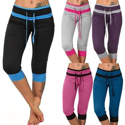 Damenmode Patchwork Low-Waist Capri-Hose Slim Fit Lässige Dehnbare Lounge-Hose mit Kordelzugbund und Elastischen Bündchen