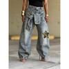 VIONA Damen-Jeans Star Vintage Altblau Gewaschen Baggy Jeans Amerikanisch Locker Weites Bein Hosen Mode Hip-Hop