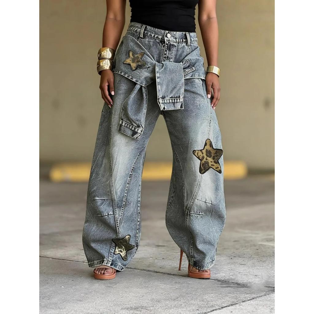 VIONA Damen-Jeans Star Vintage Altblau Gewaschen Baggy Jeans Amerikanisch Locker Weites Bein Hosen Mode Hip-Hop