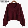 V-neck Twist Sweater Women's Short Casual Jumper Autumn and Winter Warm Pullover OuterWear Loose Sweaters Korean Lazy Style Top