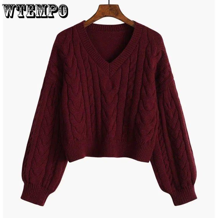 V-neck Twist Sweater Women's Short Casual Jumper Autumn and Winter Warm Pullover OuterWear Loose Sweaters Korean Lazy Style Top
