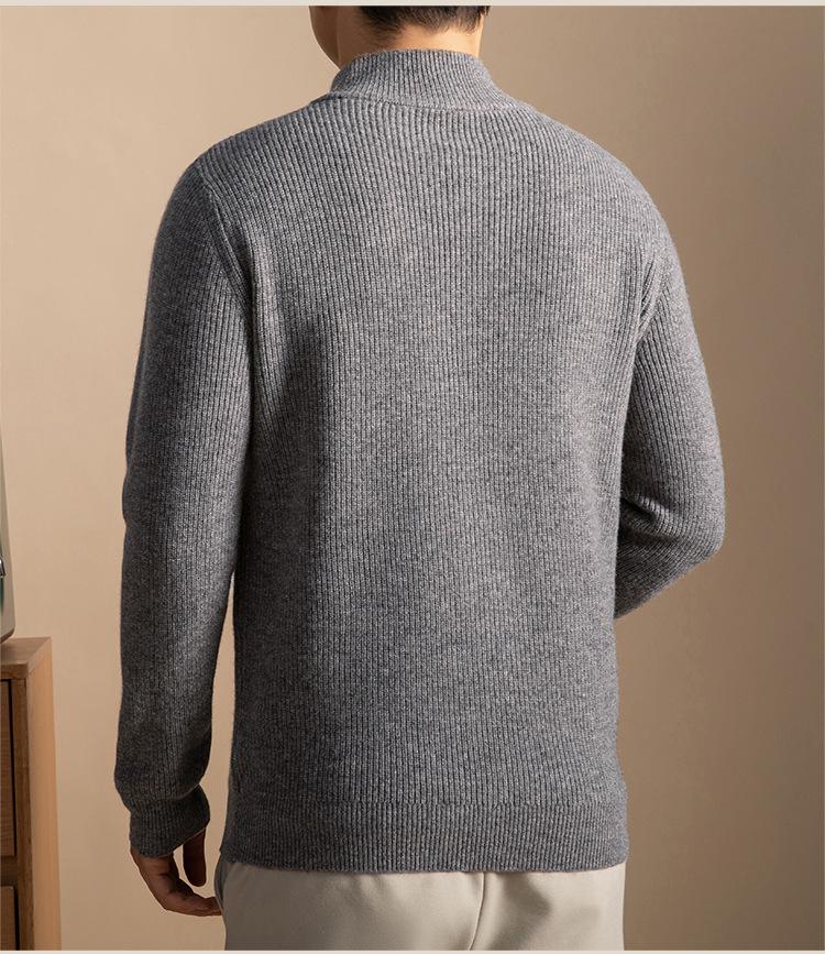 Men's 100% Wool High Collar Zipper Sweater - Thick, Warm Knitted Base Layer for Autumn/Winter
