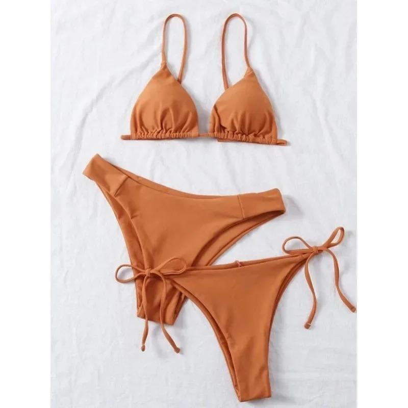 Bikini Sexy 3 Pezzi Donna Monocolore Fascia Divisa Triangolo Costume da Bagno Biquini Brasiliano Femminile Costume da Bagno Estivo per Vacanze in Spiaggia
