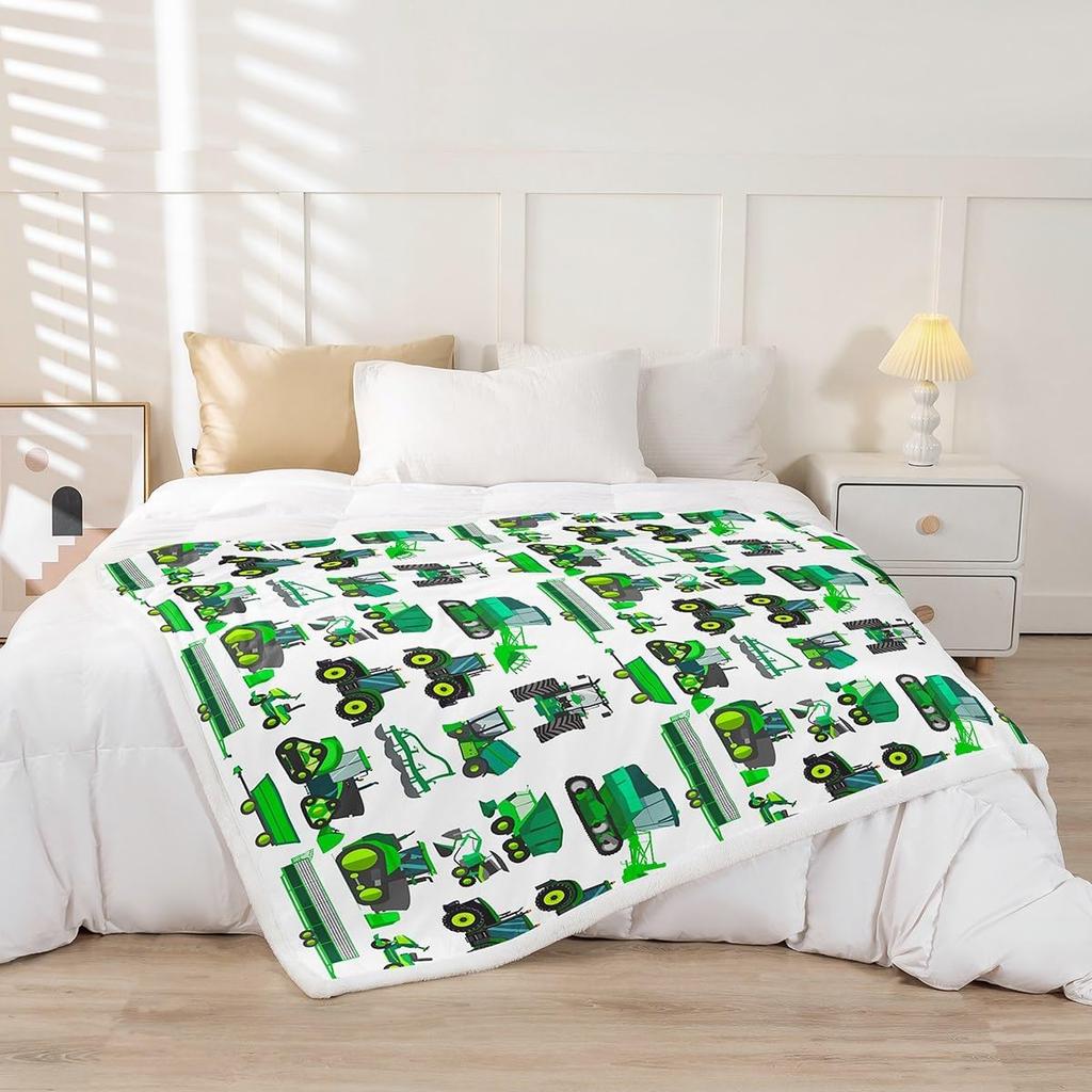 Equipment Trucks Sherpa Blanket Kids Boys Excavators Fleece Throw Blanket for Bed Sofa Couch Children Green Vehicle Plush Blanket Soft Const