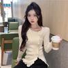 Hong Kong Style Plus Size Black Knitted Sweater for Women - Slim Fit with Irregular Ruffle Edge