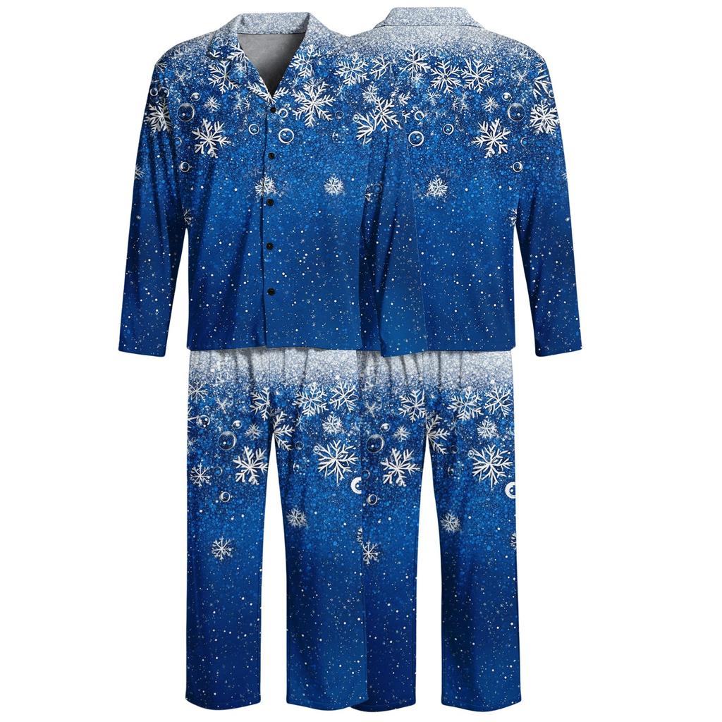Kerstpyjamaset voor heren met knopenhemd en rechte broek, Casual print nachtkleding tweestukken outfit, Feestelijke loungewear voor de feestdagen
