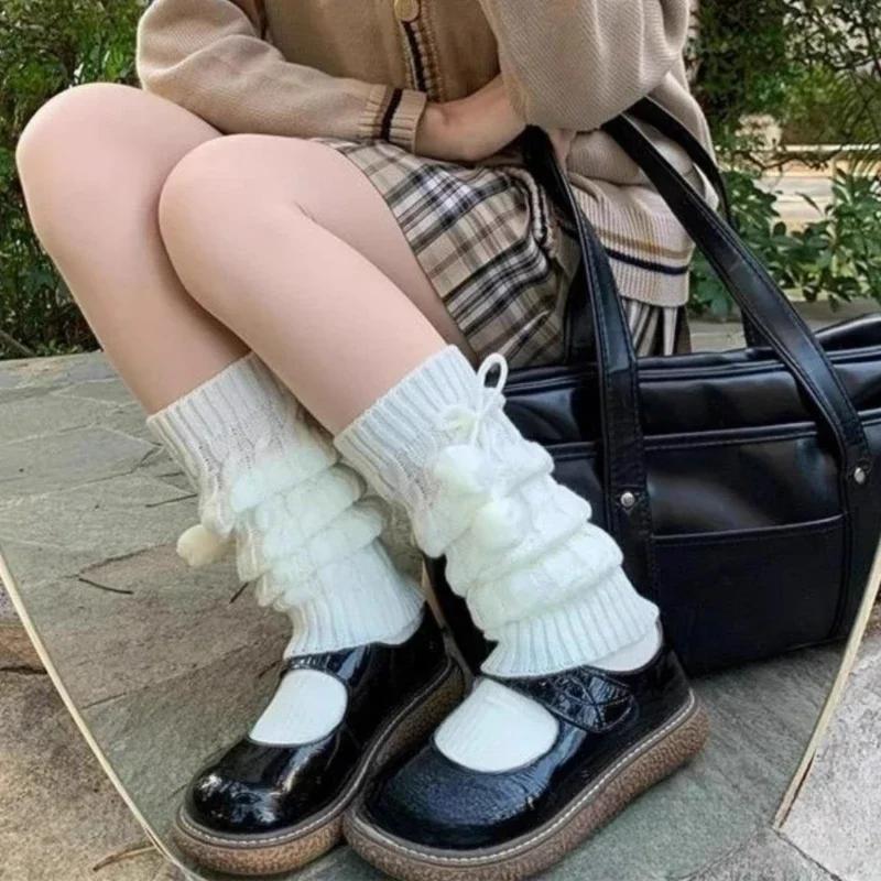 1pair Winter Warm Knitted Socks Lolita Warm Leg Knitted Socks Wool Ball Knitted Foot Covers Leg Warmers with Balls for Women